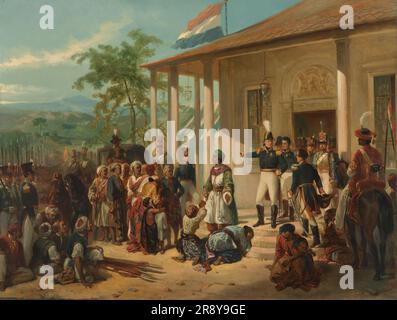 L'arresto di Diepo Negoro da parte del tenente generale barone De Kock, c.1830-c.1835. Altri titoli: L'arresto di Diponegoro da parte del tenente generale De KockIll'arresto di Diponegoro da parte del tenente generale De KockIl sottomissione di Diepo Negoro al tenente generale Hendrik Merkus barone de Kock, il 28 marzo 1830, ponendo fine alla guerra di Giava (1825-1830). Foto Stock