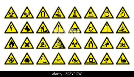 Set di segnali di avvertimento grandi. Grande collezione. Sicurezza sul luogo di lavoro. Triangolo giallo con immagine nera. Illustrazione vettoriale. Illustrazione Vettoriale