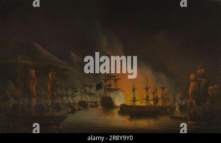 Il bombardamento di Algeri, a sostegno dell'ultimatum per il rilascio degli schiavi cristiani, 26-27 agosto 1816, 1823. La Gran Bretagna e i Paesi Bassi bombardarono le navi e le difese portuali di Algeri in Nord Africa, nel tentativo di porre fine alle pratiche schiavistiche di Omar Agha, il dey di Algeri. Foto Stock
