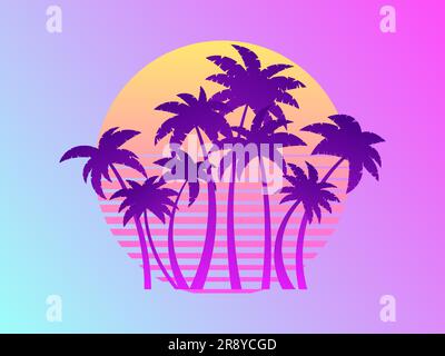 Palme in stile fantascientifico retrò al tramonto degli anni '80. Ora legale. Onda futuristica del sole retrò. Palme inclinate. Progettazione di opuscoli pubblicitari, banner, Illustrazione Vettoriale