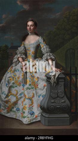 Ritratto di Charlotte Beatrix Strick van Linschoten, 1755. Altri titoli: Ritratto di Charlotte Beatrix Strick van Linschoten (B. 1732), seconda moglie di Gerard Cornelis van Riebeeck, presumibilmente in piedi di fronte alla sua casa di campagna Eemwijck a Voorburg. Foto Stock