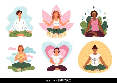 Felici donne meditanti. Processo di pratica dello yoga. Belle ragazze in posizione di loto. Pace mentale. Equilibrio e calma relax. Auras diverse. verifica esterna Illustrazione Vettoriale