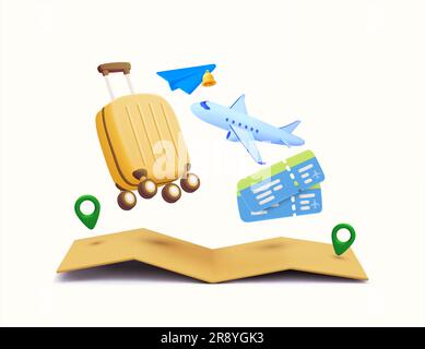 mappa 3d con marcatori, valigia, aereo, biglietti, aereo cartaceo, bell, isolato su sfondo bianco. Concetto di design per viaggi vacanze, trasporti e viaggi, vacanze e prenotazioni. illustrazione vettoriale 3d. Illustrazione vettoriale Illustrazione Vettoriale