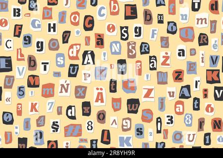 Modello di riscatto senza cuciture lettere in stile collage, numeri tagliati da giornali e riviste. Collezione vintage ABC. Carattere punk blu bianco, nero Illustrazione Vettoriale