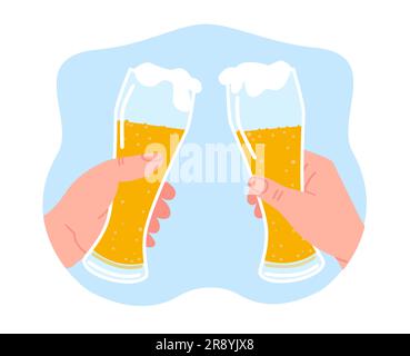 Due mani muovono i bicchieri di birra. La gente beve alcol insieme. Brindisi all'Oktoberfest. Saluti e tazze da pinta di birra. Braccia che tengono le tazze. Bevanda con schiuma Illustrazione Vettoriale