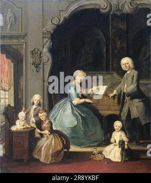 Gruppo familiare vicino a un clavicembalo, 1739. Il bambino a sinistra è seduto su una sedia con ruote. Foto Stock