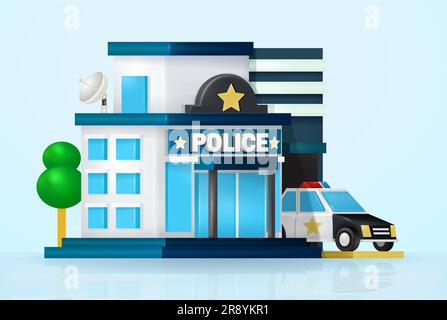 Stazione di polizia e auto, vettoriale 3d per edifici di dipartimento, su sfondo blu brillante. Adatto per elementi di design Illustrazione Vettoriale