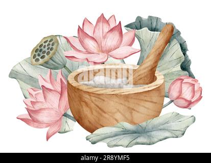 Mortaio di legno e pestello con loto rosa. Acquerello illustrazione disegnata a mano di ciotola e ninfea per terapia benessere e medicina alternativa su sfondo bianco isolato. Disegno per alchimia. Foto Stock