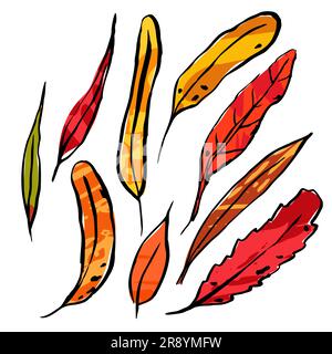 Foglie di colore dello schizzo autunnali. Erba testurizzata disegnata a mano su sfondo bianco. Immagine pianta grafica Doodle. Natura, giardinaggio, foresta, segno di caduta. Lungo Illustrazione Vettoriale