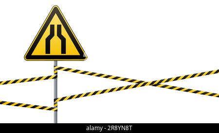 Restringere con cautela il passaggio. Precauzioni di sicurezza. Segnale di avvertimento. Triangolo giallo con immagine nera sul palo. nastro barriera. Orientamento orizzontale. Ve Illustrazione Vettoriale