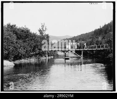 L'Ammonoosuc a Mount Pleasant House, White Mountains, tra il 1890 e il 1901. Donne e bambini sulla passerella, uomo che prende a pugni il 'River Caddy'. Foto Stock