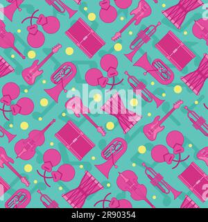 Sfondo colorato senza cuciture con strumenti musicali Vector Illustrazione Vettoriale