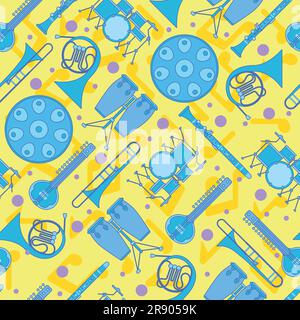 Sfondo colorato senza cuciture con strumenti musicali Vector Illustrazione Vettoriale