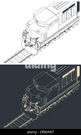 Illustrazioni vettoriali stilizzate di progetti isometrici di locomotive diesel da vicino Illustrazione Vettoriale