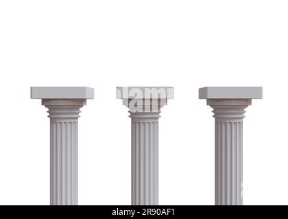 Tre colonne di marmo, antiche colonne greche isolate su sfondo bianco Foto Stock