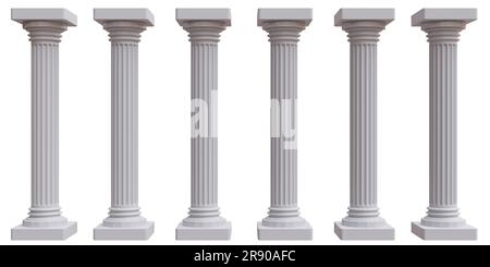 Sei colonne di marmo, antiche colonne greche isolate su sfondo bianco, Foto Stock