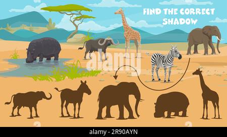 Trova l'ombra corretta degli animali della savana africana, quiz vettoriale per bambini. Trova e abbina la stessa silhouette di elefante, zebra e rinoceronte o giraffa e bufalo nella savana africana, foglio di lavoro del gioco puzzle Illustrazione Vettoriale