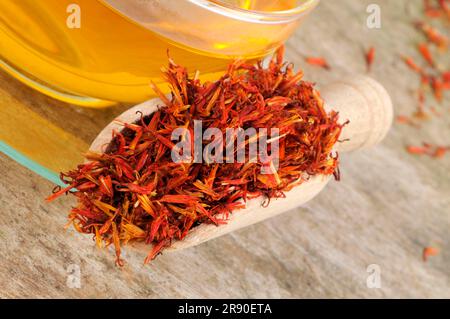 Tazza con tè di carthami Flos, Hong Hua, fiori di cartamo, tè di cartamo Foto Stock