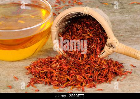 Tazza con tè di carthami Flos, Hong Hua, fiori di cartamo, tè di cartamo Foto Stock