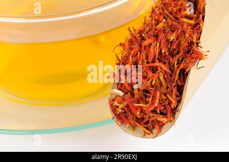 Tazza con tè di carthami Flos, Hong Hua, fiori di cartamo, tè di cartamo Foto Stock