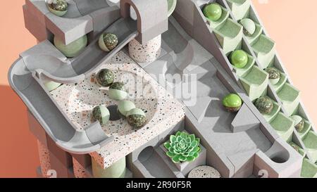 Scultura in marmo in cemento e terrazzo. Macchina in marmo con decorazione di piante e vibrazioni chill. Foto Stock