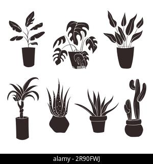Set di appartamenti per piante domestiche. Silhouette collezione di decorazioni per interni e piante da giardino. Piante domestiche bianche e nere in vaso di fiori contorno doodle .Vector Illustrazione Vettoriale