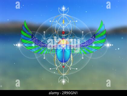 Geometria sacra, scarabeo sul fiore della vita, disegno mistico di cerchi, triangoli, luna, schema di energia. Simboli di alchimia, magia, esoterica, Illustrazione Vettoriale