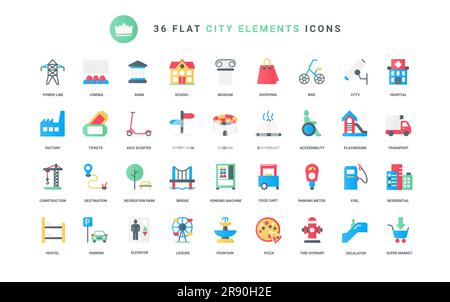 Edificio per uffici e grattacieli condominiali, stadio e ristorante, cartelli stradali e parcheggio per i trasporti, area ristoro per parchi giochi. Elementi città icone piatte alla moda impostano l'illustrazione vettoriale Illustrazione Vettoriale