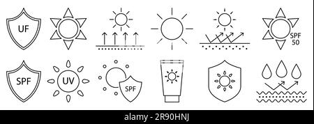 Icone per la protezione solare. Elementi estivi. Illustrazione vettoriale isolata su sfondo bianco Illustrazione Vettoriale