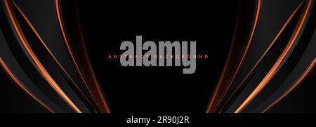 Elegante striscione astratto nero e arancione con linee e nastri. Sfondo vettoriale di lusso scuro. Illustrazione Vettoriale