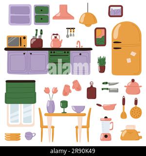 Interni della cucina, set di composizione di mobili e accessori per il design. Elementi dell'attrezzatura per l'illustrazione vettoriale di cucina a mano piatta Illustrazione Vettoriale