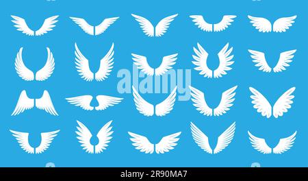 Ala bianca con piuma lunga. Set di icone piatte con ali di uccello o di angelo. Distintivo per pilota aeronautico. Stemma araldico dell'esercito, falco phoenix Hawk. Telaio alato volante. Adesivo logotipo motociclista Illustrazione Vettoriale