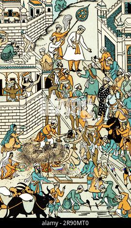 Akbar dirige la costruzione della città reale di Fathpur, 1571. Dopo un'illustrazione per l'Akbarnama, c1596. Abu'l-Fath Jalal-ud-din Muhammad Akbar (1542-1605), popolarmente conosciuto come Akbar il grande, e anche come Akbar i, fu il terzo imperatore moghul, che regnò dal 1556 al 1605. Foto Stock