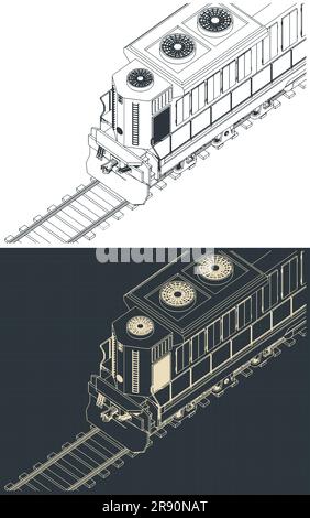 Illustrazioni vettoriali stilizzate di progetti isometrici di locomotive diesel da vicino Illustrazione Vettoriale