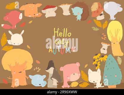 Cartoni animati Autunno cornice con animali e alberi Woodland Illustrazione Vettoriale