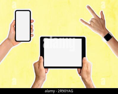 Foto composita con smartphone isolato, tablet digitale nelle mani, orologio intelligente al polso, i Love You ILY segno gesto della mano. Foto Stock