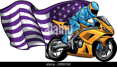 moto da corsa superbike con bandiera americana su sfondo bianco Illustrazione Vettoriale