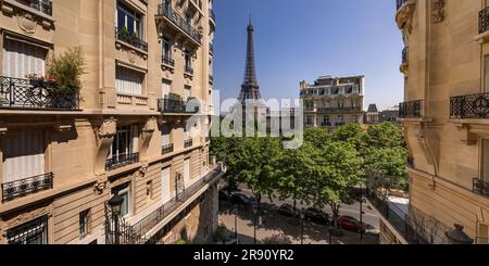 Parigi, Torre Eiffel vista dall'av. De Camoens Foto Stock