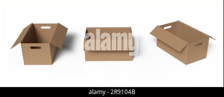 Set di scatole di cartone isolate su sfondo bianco. illustrazione 3d. Foto Stock