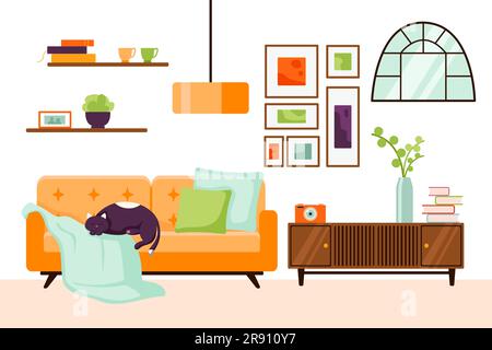 Interni della camera in stile piatto Cat. Interno del soggiorno con divano, piante da casa che crescono in pentole, decorazioni per la casa. Confortevole appartamento decorato Illustrazione Vettoriale