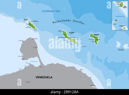 Mappa fisica altamente dettagliata di Aruba e delle Antille olandesi in formato vettoriale, con tutte le forme di rilievo, le regioni e le grandi città. Illustrazione Vettoriale