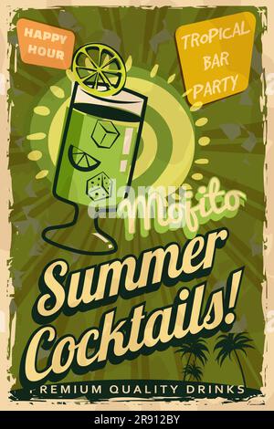 Poster Mojito cocktail retro. Sala cocktail, insegna vintage Illustrazione Vettoriale