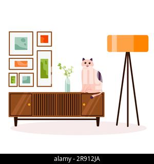 Interni della camera in stile piatto Cat. Interno del soggiorno con tavolo tv, quadri, decorazioni per la casa. Confortevole appartamento decorato in stile retrò Illustrazione Vettoriale