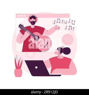 Lezioni di musica online concetto astratto illustrazione vettoriale. Videoconferenza dal vivo, insegnante di musica, quarantena covid, pratica privata online, consulenza professionale, rimani a casa metafora astratta. Illustrazione Vettoriale
