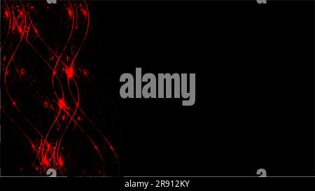 Linee di energia magica cosmica astratta trasparente rossa, raggi con riflessi e punti e luce su uno sfondo nero a sinistra. Vettore Illustrazione Vettoriale