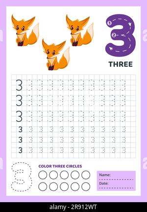 Foglio di lavoro per il tracciamento dei numeri per bambini. Attività grafica. Illustrazione Vettoriale