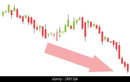 Andamento negativo del grafico di trading. Tabella ribassista di caduta con esposizione giapponese del bastone della candela. Mercato azionario o Forex trading di valuta. Illustrazione Vettoriale