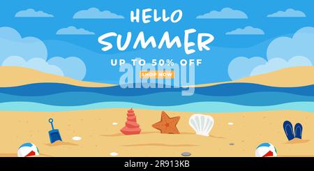 offerta estiva con design vettoriale uno striscione orizzontale in design piatto Illustrazione Vettoriale