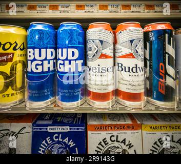 Lattine di birra in un supermercato, tra cui Budweiser e Bud Light, a New York giovedì 15 giugno 2023. (© Richard B. Levine) Foto Stock