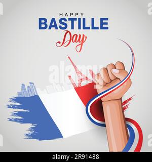 Illustrazione vettoriale creativa, carta, banner o poster per la Giornata Nazionale Francese. Buon giorno della Bastiglia. Mano che tiene Francia bandiera disegno. Vettore illustra Illustrazione Vettoriale